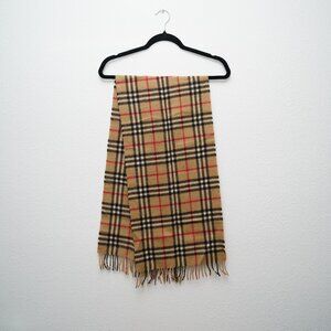 Authentic Burberry Classic Check Cashmere Fringe Scarf OS Tan/Black/Red